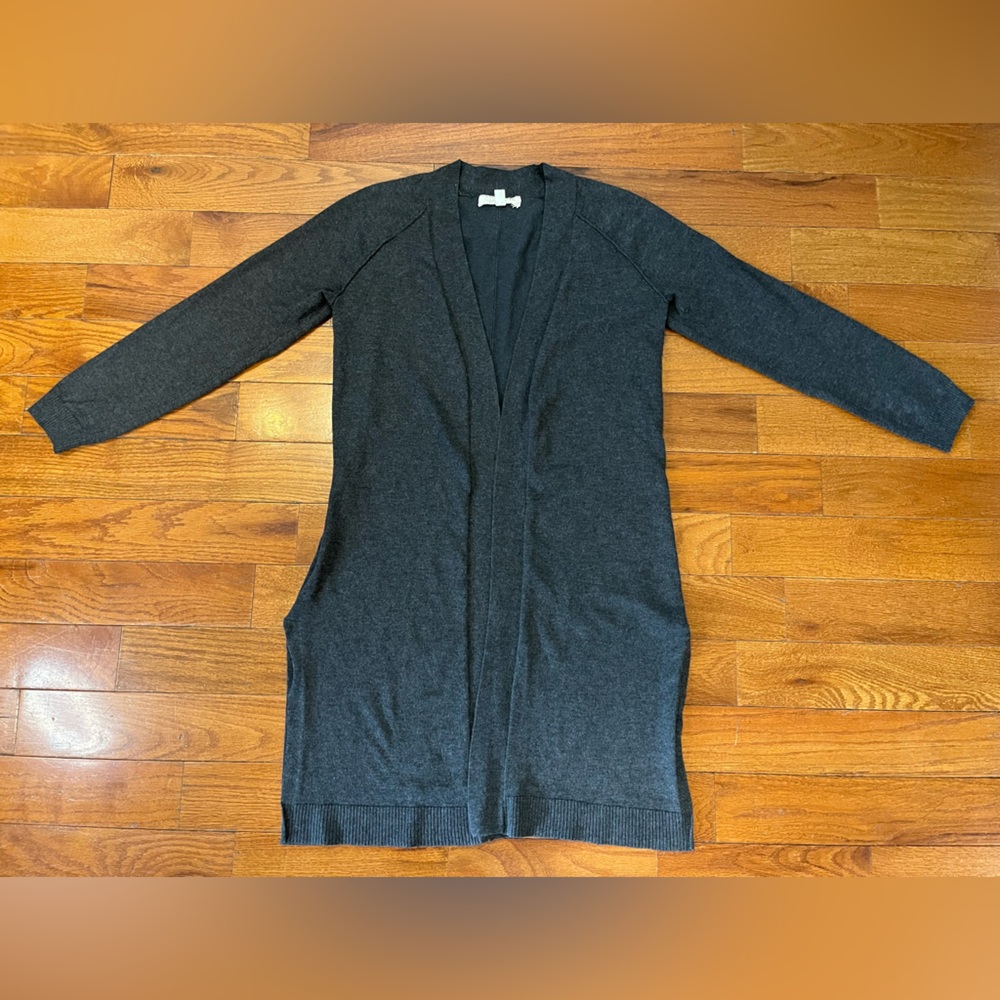 Pointelle Dark Grey Open Front Long Cardigan Women’s M Preowned